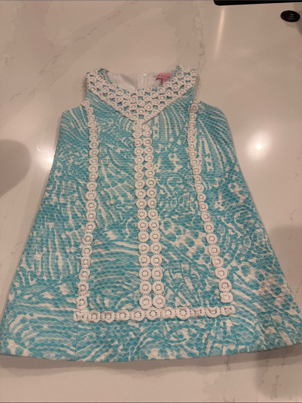 Lilly Pulitzer Textured MacFarlane Shorely Blue Sea Cups Lace Shift Dress size 5